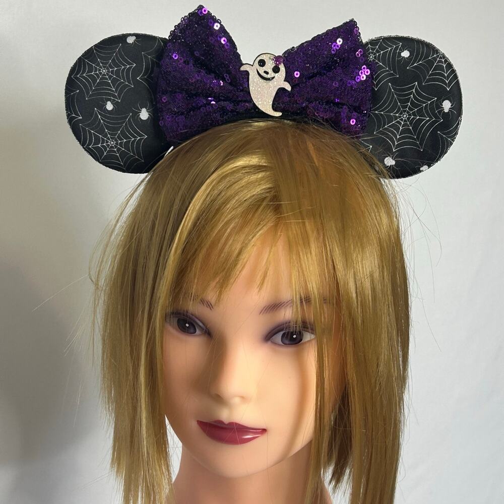 Halloween Mouse Ears Spiderweb Purple Sequin Bow Ghost Headband